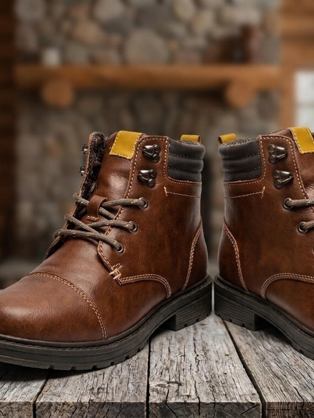 Crevo Brown Leather Lace-Up Ankle Boots with Yellow Accent